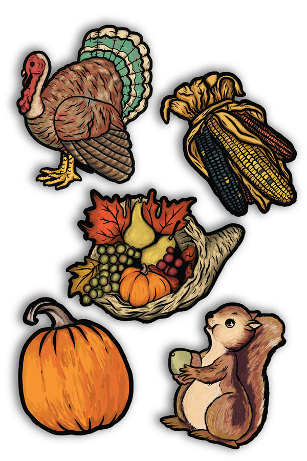 Set of 5 Thanksgiving paper cutout decorations on a white background. The cutouts are illustrations of a turkey, ears of corn, a cornucopia, one brown squirrel holding an acorn, and one pumpkin.   