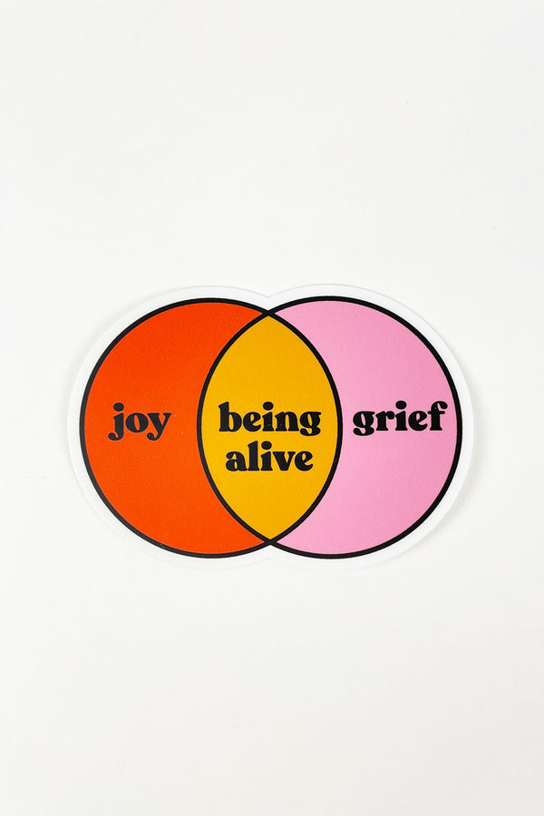 A die-cut sticker of a venn diagram. The red left circle is labeled "joy," the yellow middle circle is labeled "being alive," and the right pink sticker is labeled "grief."