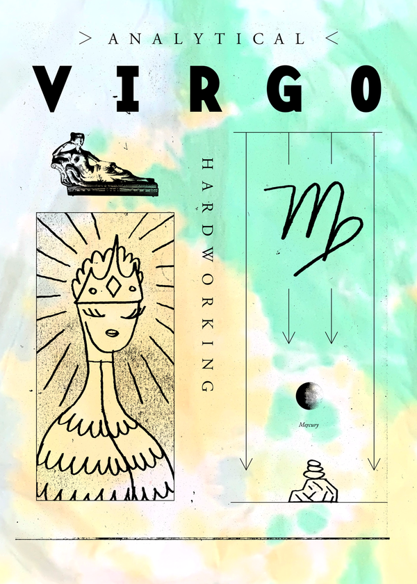  A close up view of the lime green, yellow, and light blue tie-dye shirt with illustrated symbols regarding the zodiac sign of Virgo such as a female statue, the planet Mercury, and a queen-like figure. Interspersed between the illustrations are the words "analytical", "hardworking", and "Virgo."